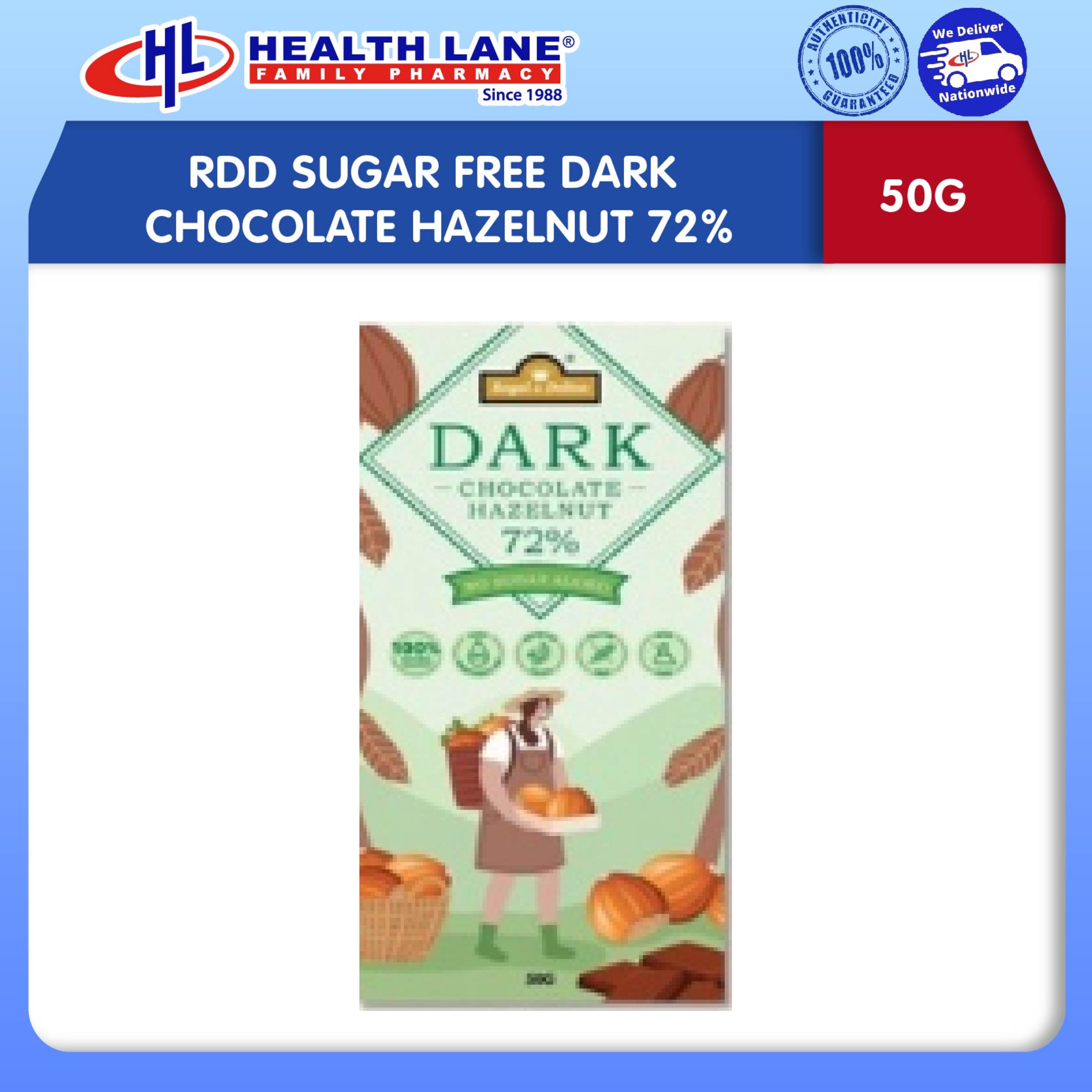 ROYAL DE DOLTON SUGAR FREE DARK CHOCOLATE HAZELNUT 72% (50G)